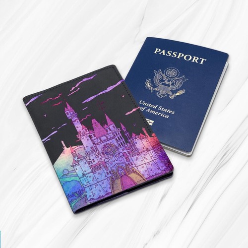 Castle Disney Art Princess Genuine Leather Travel Passport Holder Case Cover