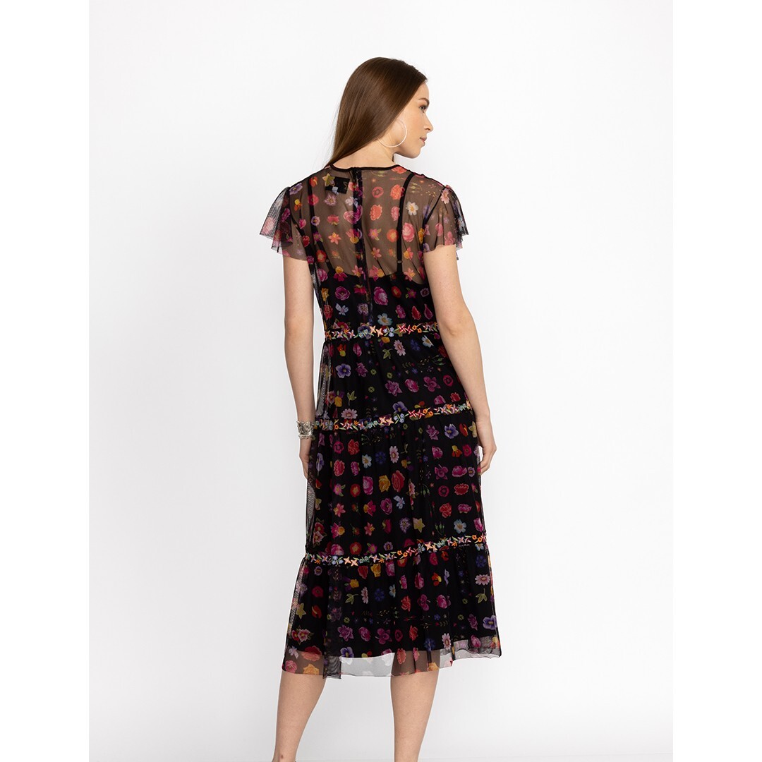 Pre-owned Johnny Was Rheia Tiered Mesh Slip Black Embroidery Short Sleeve Dress Medium