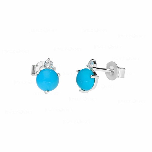 Pre-owned J.o.n 14k Gold Genuine Diamond And Turquoise Gemstone Stud Earrings Fine Jewelry In White