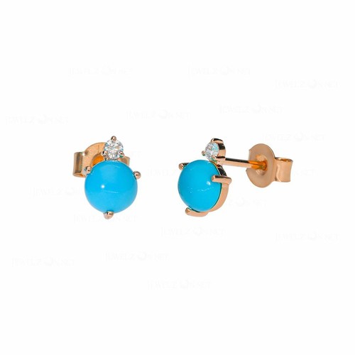 Pre-owned J.o.n 14k Gold Genuine Diamond And Turquoise Gemstone Stud Earrings Fine Jewelry In White