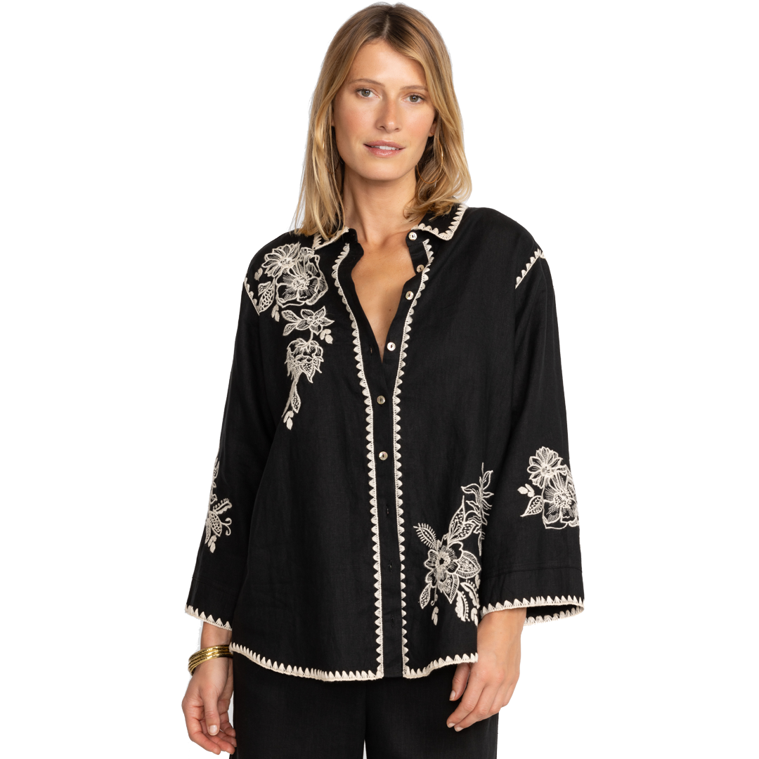 Pre-owned Johnny Was Addison Kimono Sleeve Shirt White Floral Embroidery Top Black