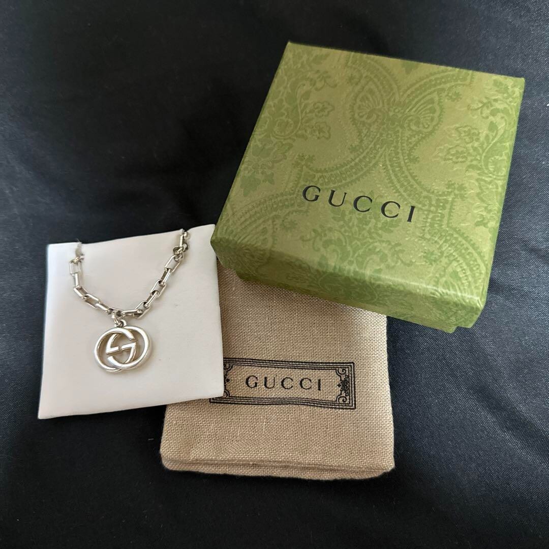 GUCCI Interlocking GG Logo Necklace Pendant Men Women Silver