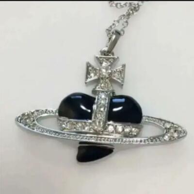 Vivienne Westwood Black Diamante Heart Necklace Rhodium