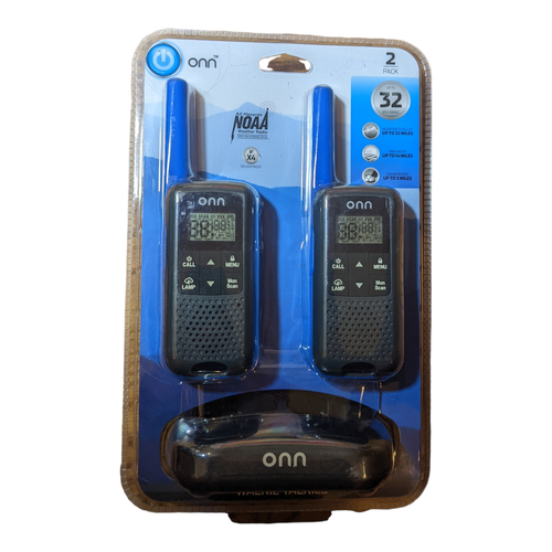 NEW ONN 32 MILE RANGE 22 CHANNEL WALKIE TALKIE 2-PACK + BATTERIES & CHARGER