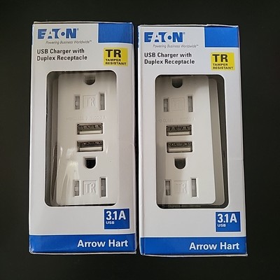 Eaton Arrow Hart TR7755W 15A WHITE Receptacle With USB Ports LOT OF 2 New In Box