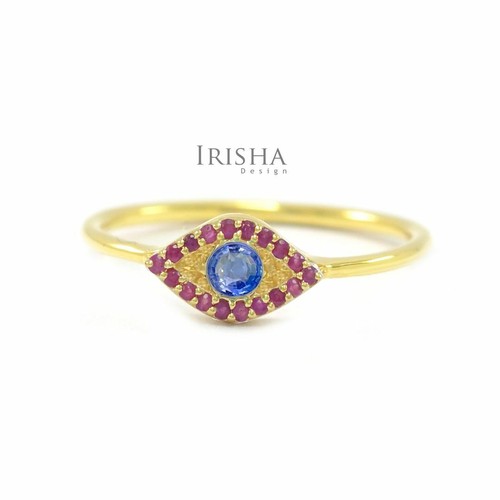 Pre-owned Irisha Designs 14k Gold Genuine Ruby And Blue Sapphire Evil Eye Charm Christmas Gift Ring