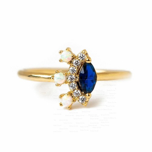 Pre-owned J.o.n 14k Gold Genuine Diamond Opal Blue Sapphire Gemstone Ring Fine Jewelry Gift In Yellow