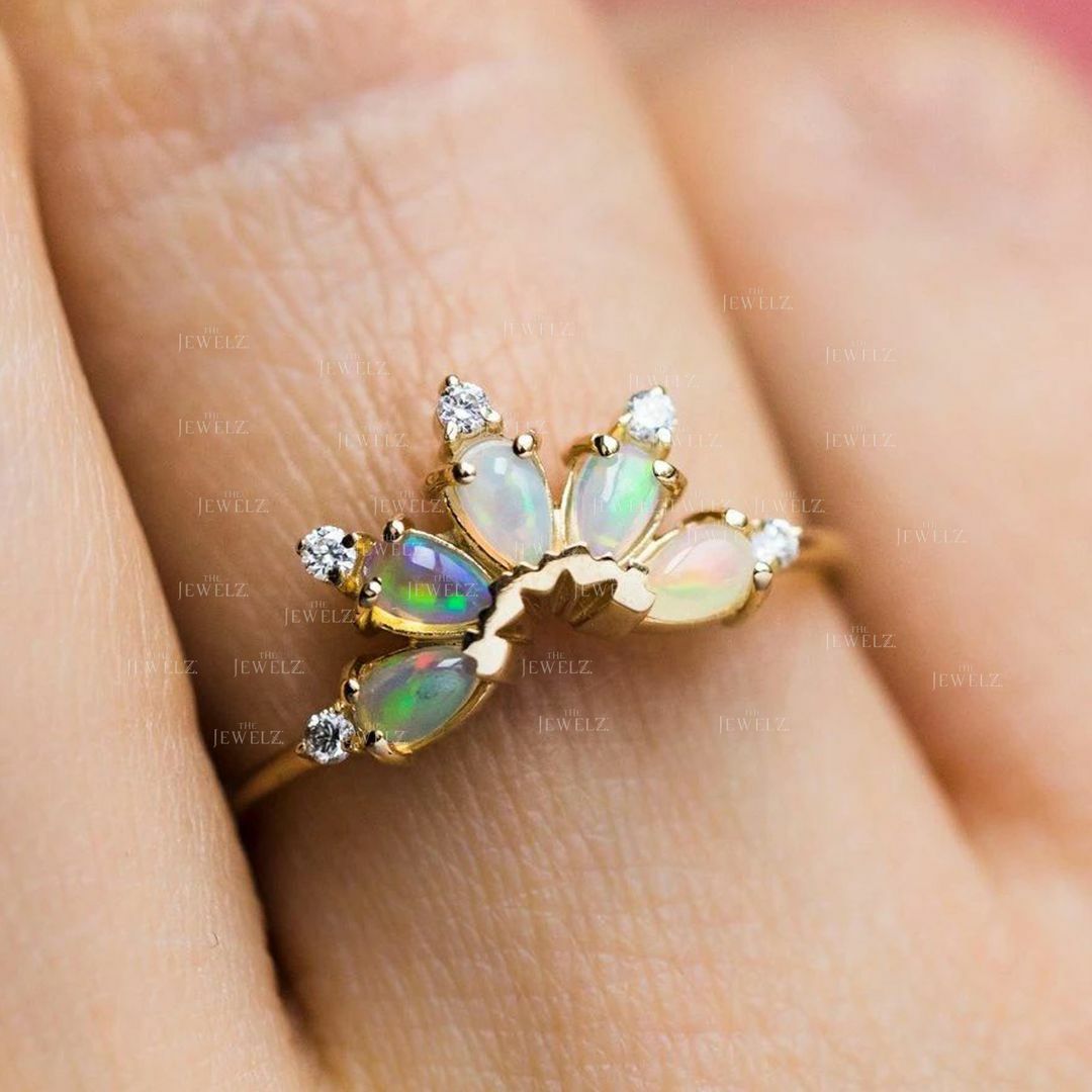 14K Gold  VS/F-G Diamond-Pear Shape Opal October Birthstone Ring - The Jewelz