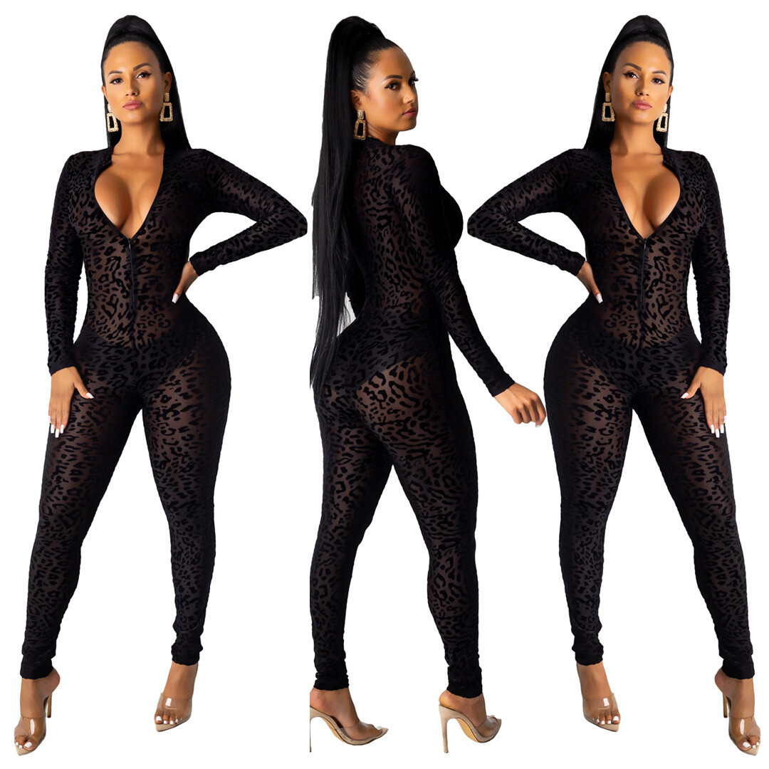 leopard print mesh jumpsuit