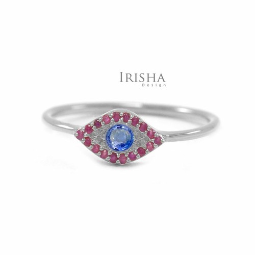 Pre-owned Irisha Designs 14k Gold Genuine Ruby And Blue Sapphire Evil Eye Charm Christmas Gift Ring
