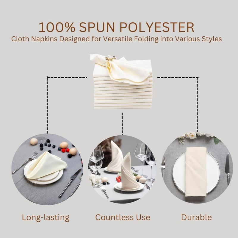 Spun Polyester Dinner Napkins 18 x 18 inch - Ivory 12 Pack Solid Washable Cloth
