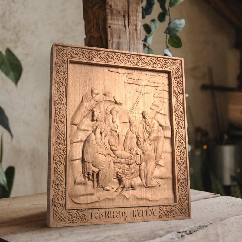 Nativity of Jesus in Cave Wooden Carved Handmade Byzantine Greek Christian Icon