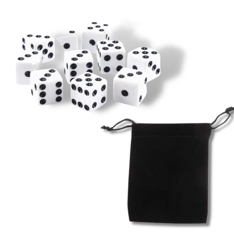 Set Of 10 Six Sided Square Opaque 16mm D6 Dice - White With Black Pip Die