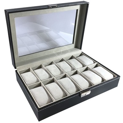 12 Slot Leather Watch Box Display Case Organizer Glass Top Jewelry Storage ampLOCK