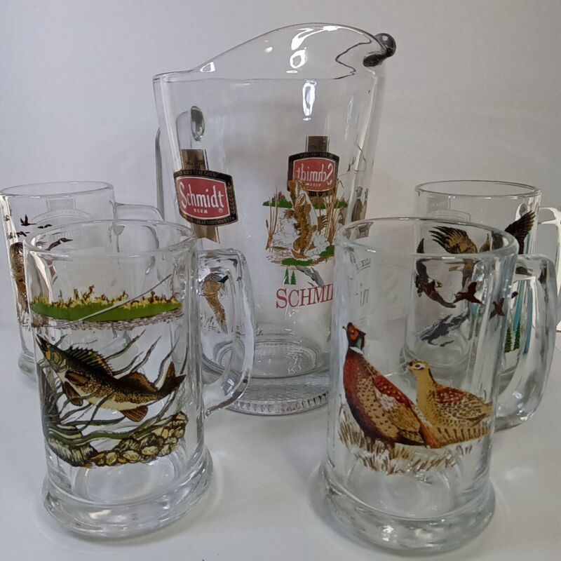EUC Vintage Schmidt Beer Wildlife Series Pitcher With 4 Mugs Geese Eagle Fish +