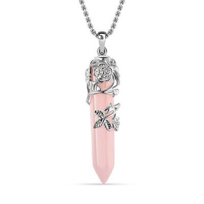 Pink Rose Quartz Pointer Necklace Flower Wrapped Healing Crystal Jewelry 24'' Ct