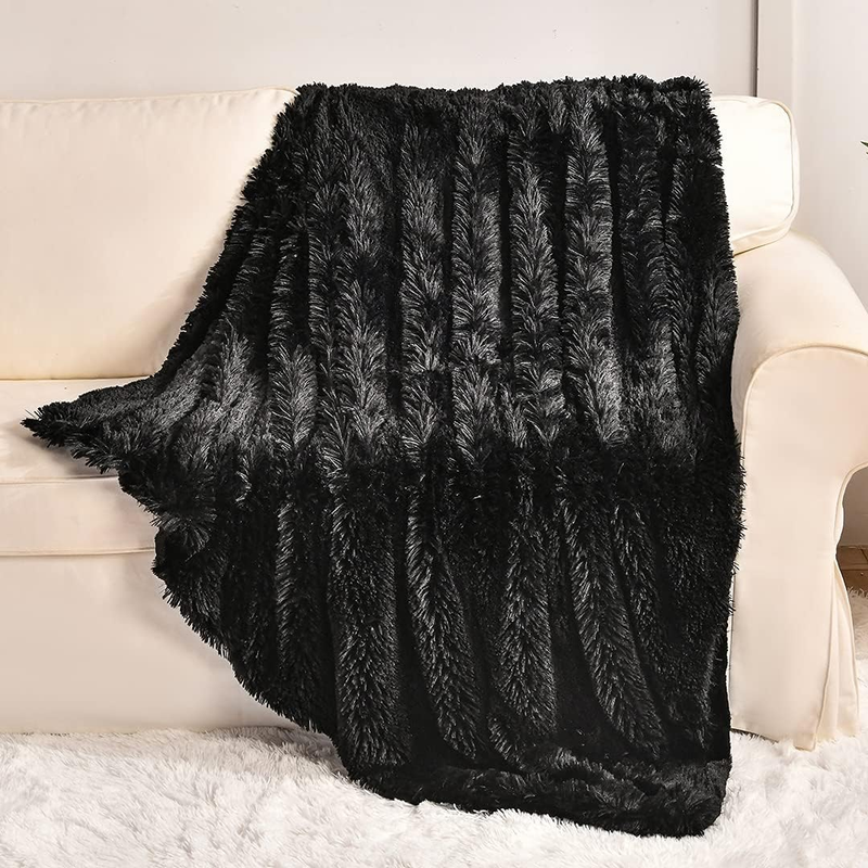 Black Faux Fur Throw Blanket,2 Layers,50