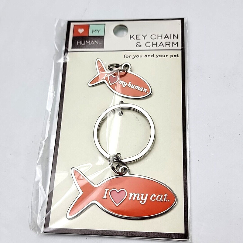 Cat Pet Owner Keychain and Pet Charm Set I Love