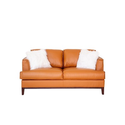 Premium Top-Grain Leather Upholstered Loveseat, Brushed Oak Base Finish, Cognac