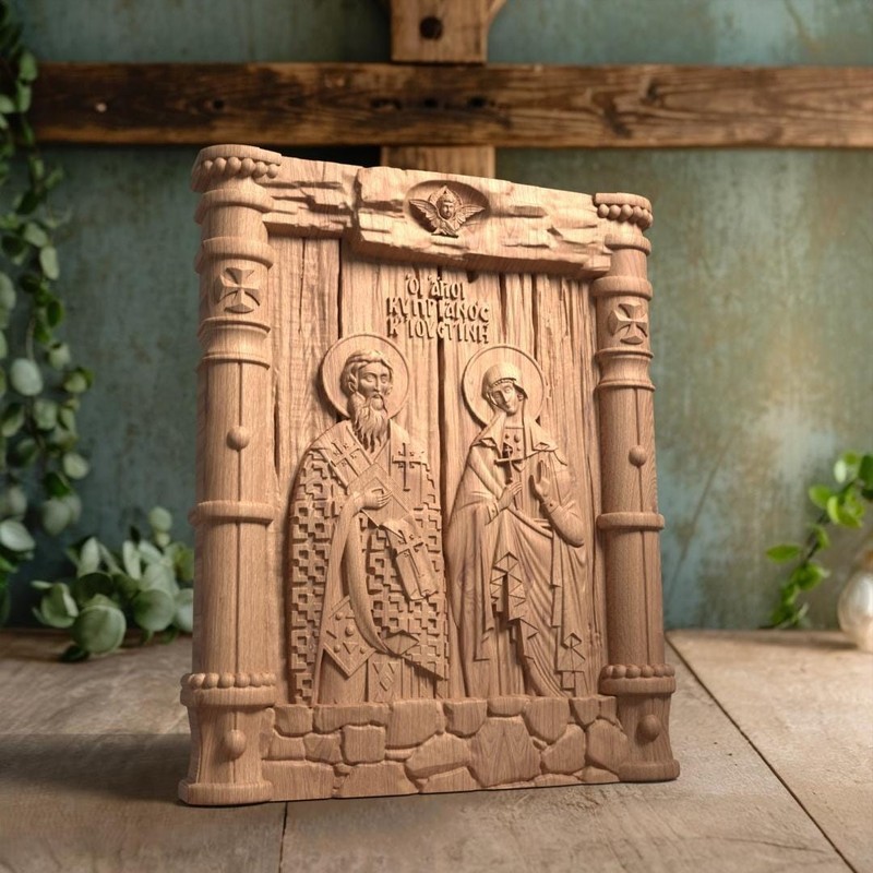 Saints Cyprian and Justina Wooden Carved Handmade Byzantine Greek Christian Icon