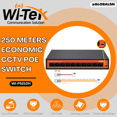 WI-TEK 8 PORTS + 2FE Uplink Unmanaged 250M Long Range CCTV PoE Switch WI-PS210H