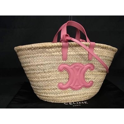 Celine Triomphe Raffia 2Way Handbag Shoulder Basket Bag Women'S Beige Pink Bi350