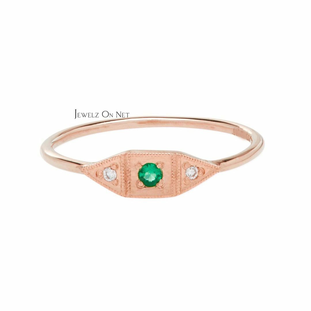 Pre-owned J.o.n 14k Gold Genuine Diamond And Emerald May Birthstone Baby Deco Ring Fine Jewelry In White