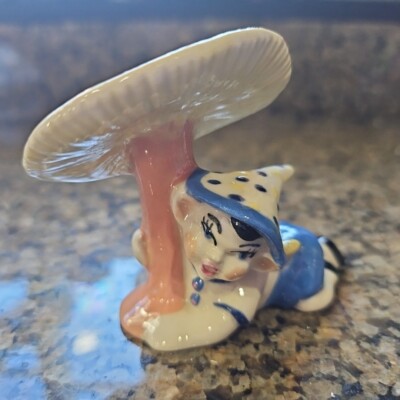Vintage Ceramic Arts Studio CAS Blue Polka Dot Pixie Under Mushroom Figurine