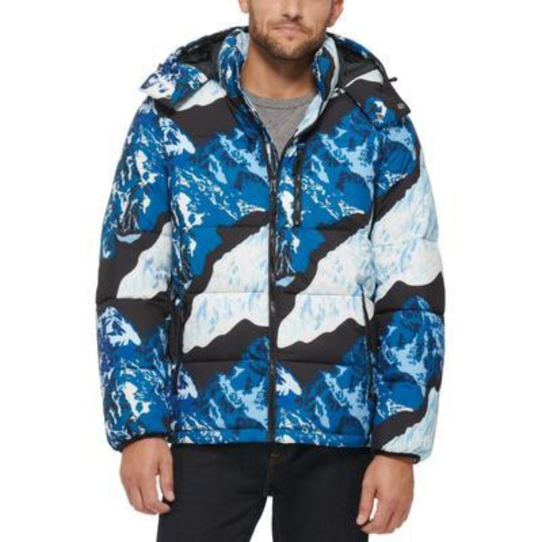 Club Room Stretch Hooded Puffer Jacket Men's M Ski Printed Zip Closure L/S - Picture 1 of 17