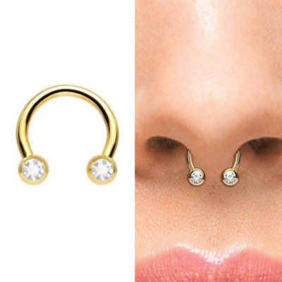 20G 18G 16G 3/8'' GOLD STEEL FRONT FACE DOUBLE CZ HORSESHOE RING SEPTUM HOOP