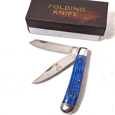 Billy The Kid Folding Pocket Knife Blue Bone Handle 2 Blades 4'' Stainless Steel