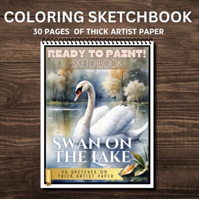 Swan On the Lake- Ready To Paint ! Sketch Coloring Book - Spiral Bound