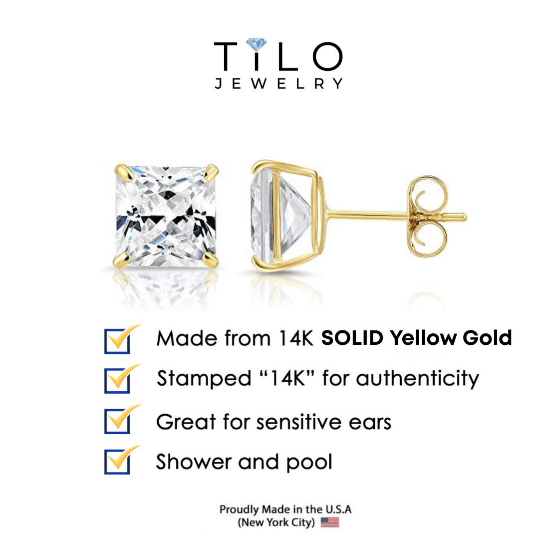14K Real Solid Yellow Gold Princess-Cut Square CZ Stud Earrings Pushback 3mm-8mm