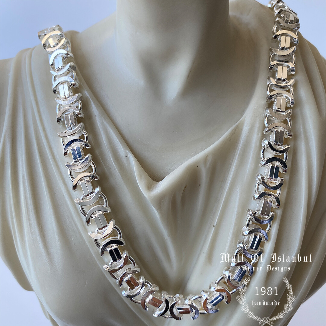 Pre-owned Handmade Mens King Flat Byzantine Chain Necklace 925 Sterling Silver 90gr 9.5mm 24 Inch