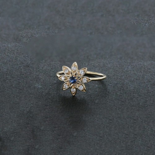 Pre-owned Irisha Designs Genuine Diamond Blue Sapphire Felicia Floral Design 14k Gold Fine Jewelry Ring In White