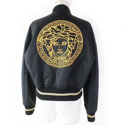 VERSACE Bomber Jacket Black Medusa Embroidery Nylon Size 38 Mens Japan Used