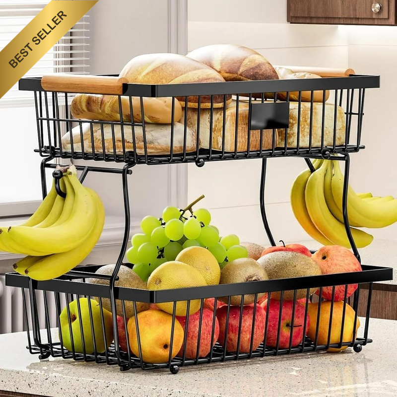 2 Tier Countertop Fruit Basket Bowl with 2 Banana Hangers, Kitchen Counter Metal