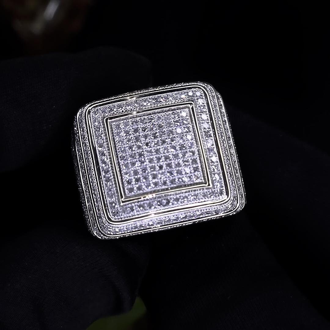 Pre-owned Sterling Iced Out Prong Setting Square Ring | Micro Pave Iced Cz Silver + Gold Plated