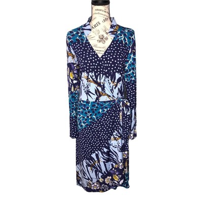 Leota MEDIUM Gabrielle Dress in Montage  Crepe Jersey Knit Faux Wrap Long Sleeve