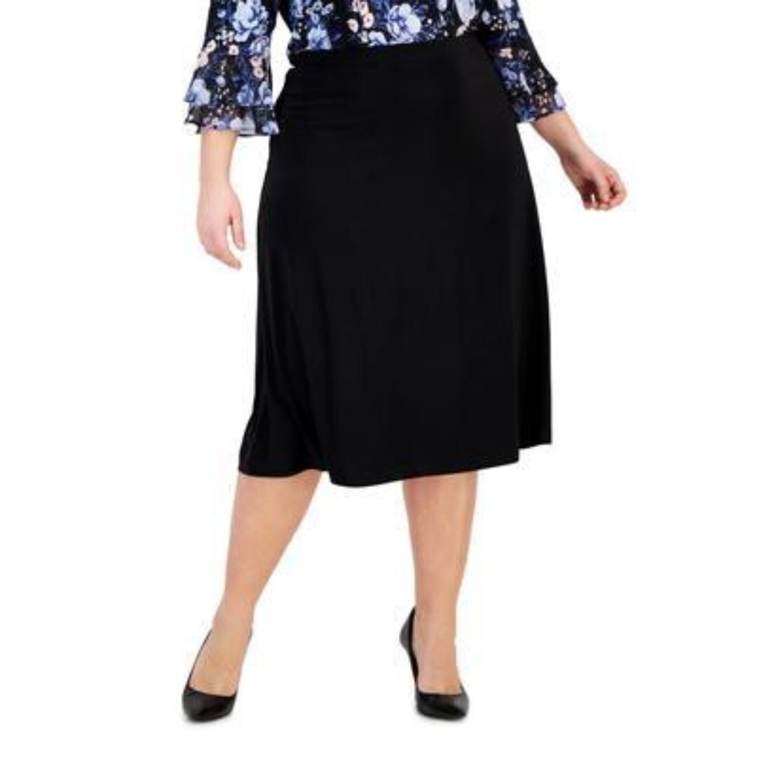 Kasper Plus Size Pull On Knit Midi Skirt Women's 1X Black Solid Elastic Waist - Picture 1 of 15