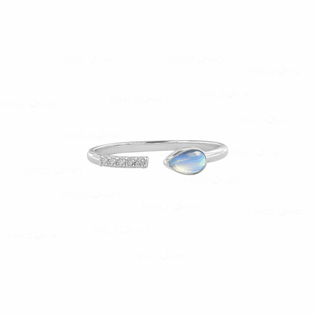 Pre-owned J.o.n 14k Gold Pave Diamond Rainbow Moonstone June Birthstone Open Cuff Stack Ring In White