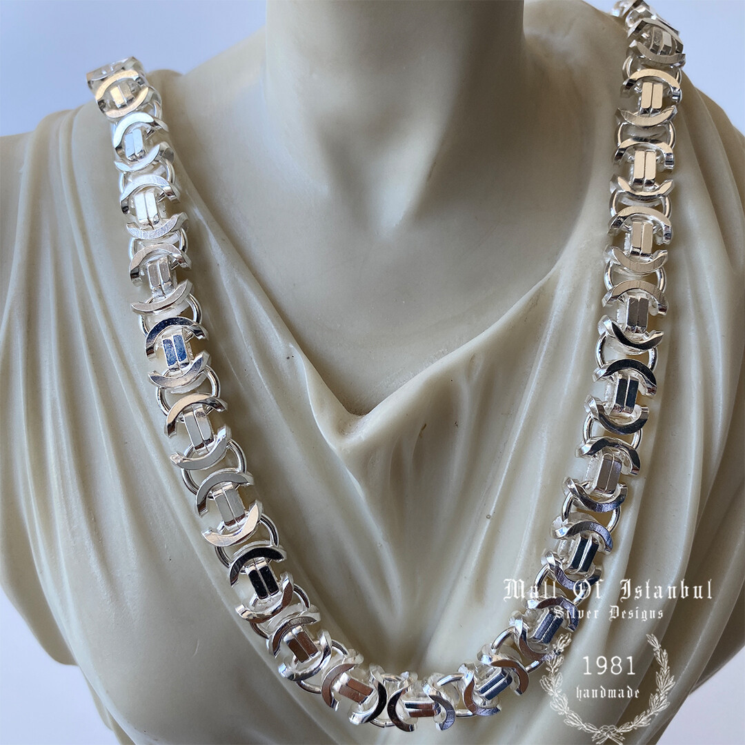 Pre-owned Handmade Mens King Flat Byzantine Chain Necklace 925 Sterling Silver 90gr 9.5mm 24 Inch