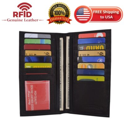 Mens Genuine Leather Long Bifold Wallet ID Card Purse Checkbook Clutch Billfold