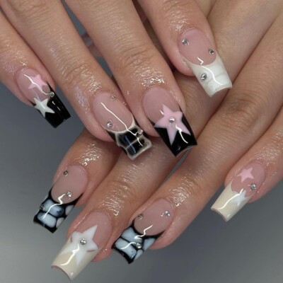 24pcs Black And White French False Nail Long Square Press on Nails for Nail Art