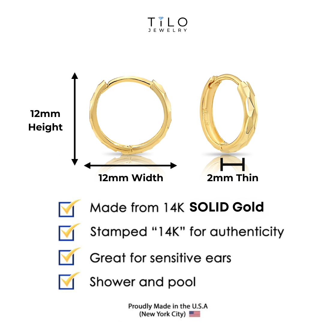 14K Solid Yellow Gold Round Diamond-Cut Huggie Hoop Earrings Small Size 12MM