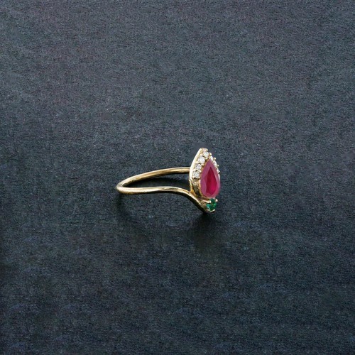 Pre-owned J.o.n 14k Gold Genuine Diamond Ruby Emerald Gemstone Chevron Ring Fine Jewelry In White