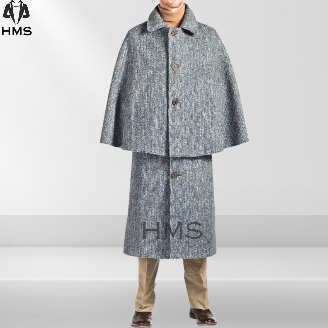 Pre-owned 100% Men's Gray Inverness Coat Heavy  Wool Long Jacket And Overcoat With Cape