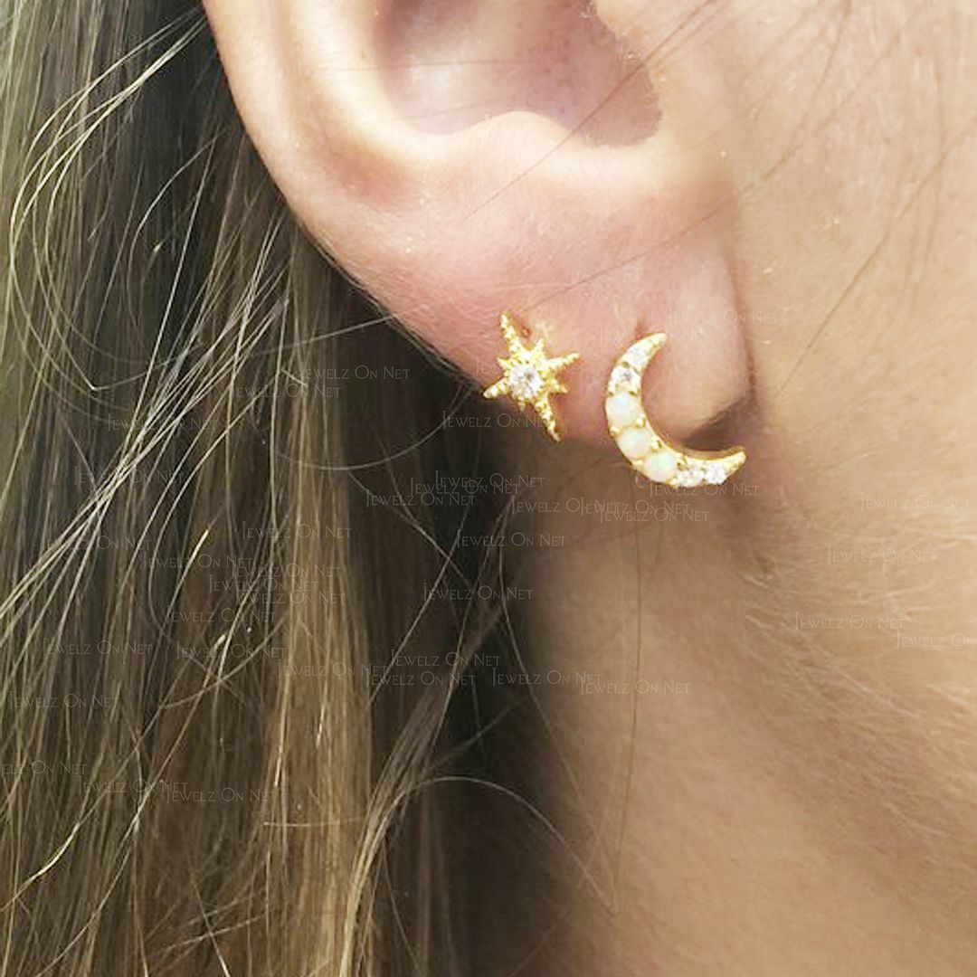 14K Gold Natural Diamond And Opal Gemstone Moon Starburst Studs -Valentine Jewel
