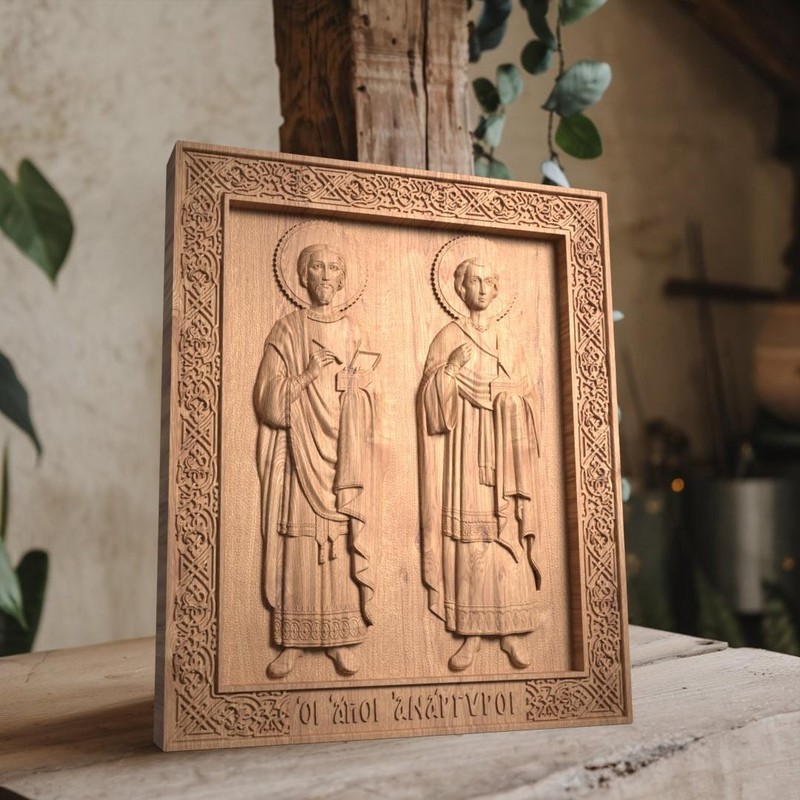 Moneyless Saints Cosmas and Damian Wood Carved Handmade Byzantine Christian Icon