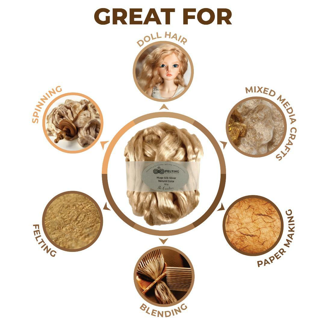 Muga Silk Sliver AA Luxury Natural Long Shiny Golden Color for Fiber Crafts